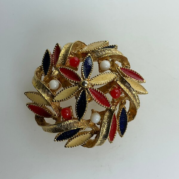 Vintage Pin Brooch Gold Toned Round Floral Design With White Red Stones Blue Red Cream Enamel Used