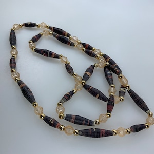 Vintage 29” Necklace With Rolled Paper And Plastic Beads Brown And Peach Used