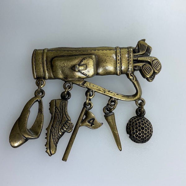 Vintage JJ Pin Brooch Brass Toned Golf Bag With Dangles Used