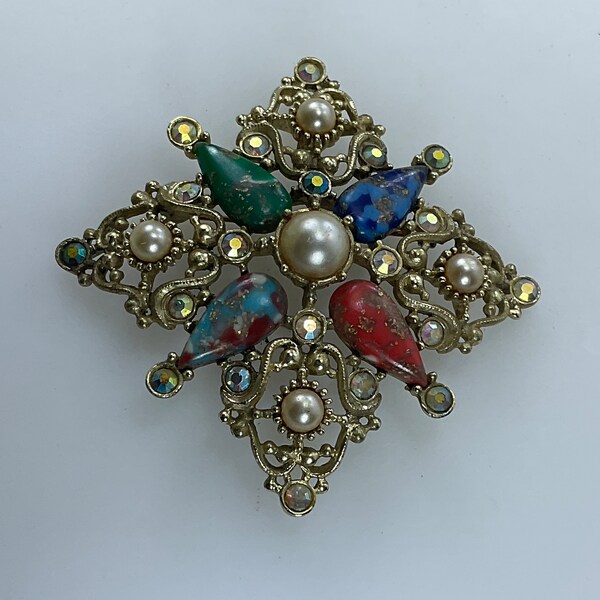 Vintage Sarah Coventry Pin Brooch Gold Toned Diamond Shape Floral With Rhinestones And Faux Pearls Red Blue Green Used