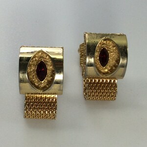 Vintage Cuff Links Gold Toned Mesh And Textured Design With Red Rhinestone Used
