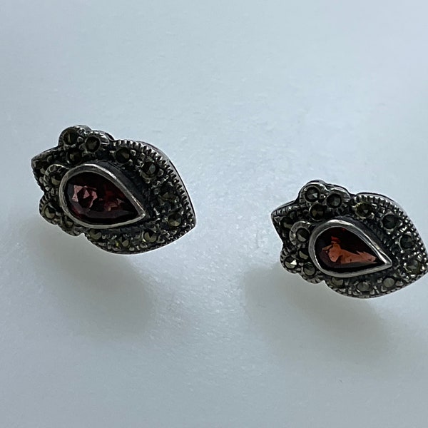 Vintage Stud Earrings Sterling Silver 925 Shield Design With Garnet And Marcasites Need Cleaned No Backs Used