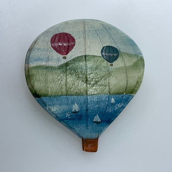 Vintage Pin Brooch Wood Hot Air Balloon With Balloons Sailboats Green Blue White Red 1998 Great Falls Balloon Festival Used