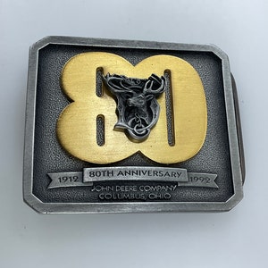 Vintage Belt Buckle Pewter Gold Toned John Deere 80th Anniversary 1992 Used