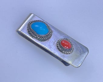 Vintage Money Clip Sterling Silver 925 Western-Design Oval Turquoise And Coral Needs Cleaned Used