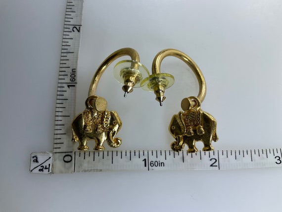 Vintage Stud Hoop Earrings Gold Toned With Elepha… - image 2