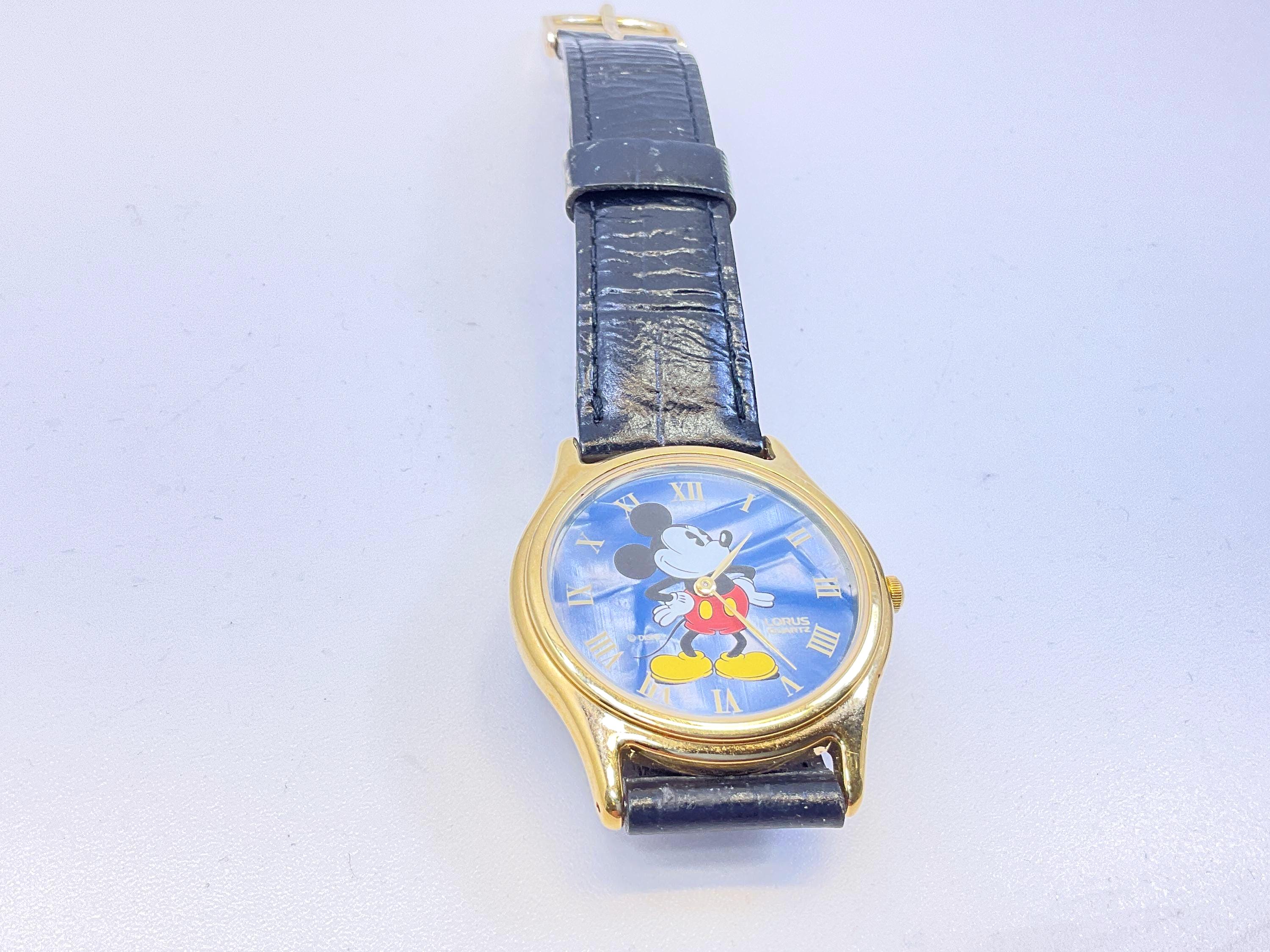Lorus Vintage 1980\'s Disney Mickey Mouse Singing Watch with Leather Band Lorus Disney Mickey Mouse Watch Moving Arms Black Leather  main image 2