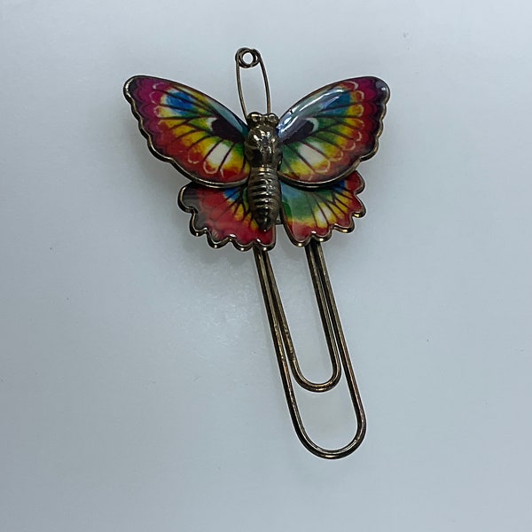 Vintage Bookmark Gold Toned Butterfly Red Blue Yellow Green White Used