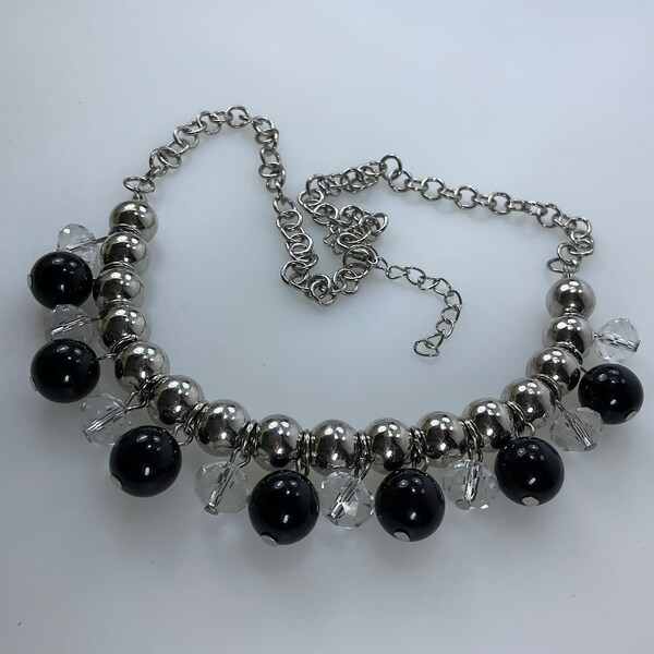 Vintage 18”-21” Necklace With Silver Toned Black And Clear Beads Used