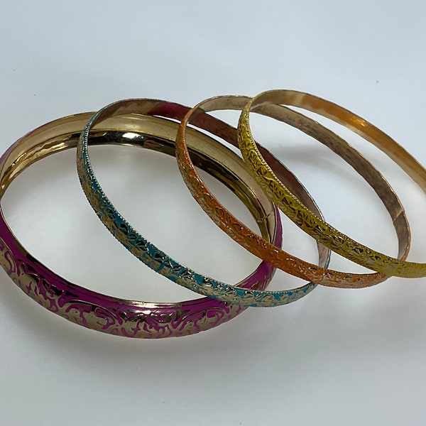 Vintage 8.5” Bracelet Set Of 4 Gold Toned Bangles Blue Orange Yellow Purple Enamel Used