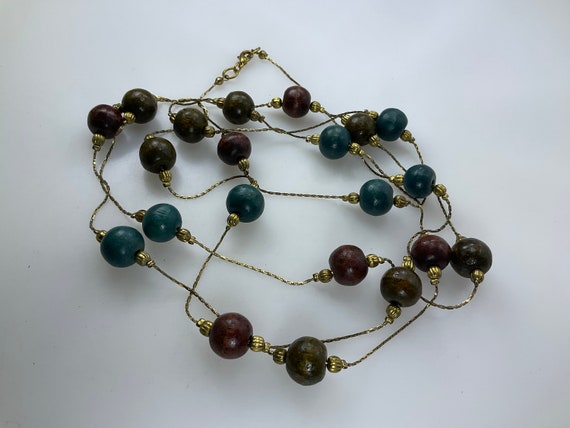 Vintage 60” Necklace Gold Toned With Brown Green … - image 1