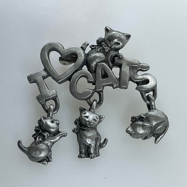Vintage Spoontiques Pin Brooch Pewter I Love Cats With Cat Dangles Used