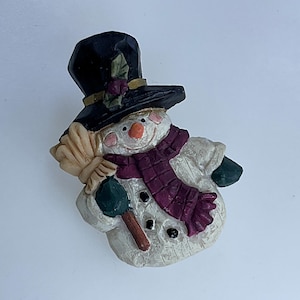 Vintage Pin Brooch Snowman With Hat Scarf And Broom White Black Red Green Brown Used