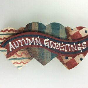 Vintage Pin Brooch Wooden Triple Heart Country Design Red White Blue With Autumn Greetings Used