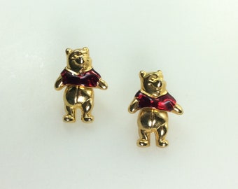 Vintage Disney Stud Earrings Gold Toned Winnie The Pooh With Red Enamel No Backs Used