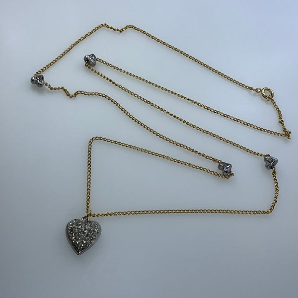 Vintage 29” Necklace Gold Toned Chain With Silver Toned Hearts And Clear Rhinestones Used