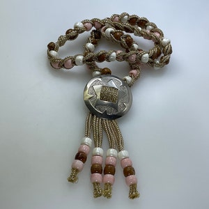Vintage 24” Necklace Silver Toned Round Shield Design With Brown White Pink Plastic Beads Used