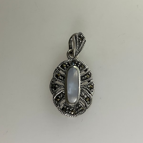 Vintage Pendant Sterling Silver 925 Oval Design With MOP And Marcasites Old Stock