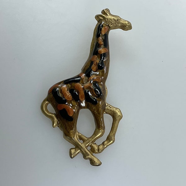 Vintage Pin Brooch Gold Toned Giraffe With Black Copper Enamel Used