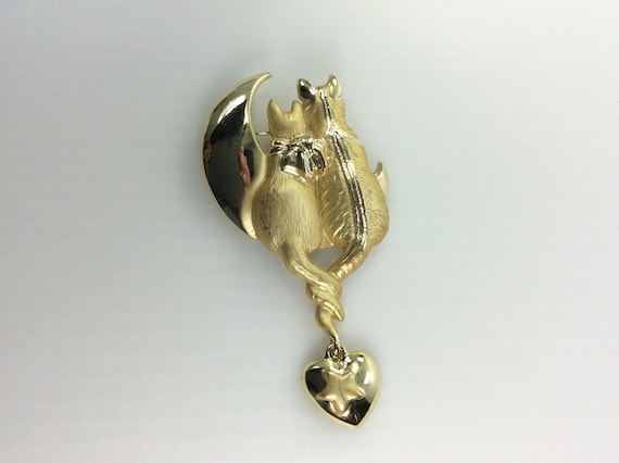 Vintage Pin Brooch Gold Toned Lover Cats And Moon… - image 1