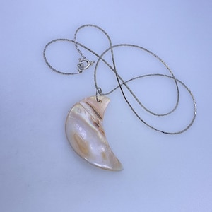 May include: A silver necklace with a crescent-shaped pendant. The pendant is made of a pearlescent material with shades of cream, tan, and brown. The chain is a delicate silver color, and the clasp is visible.