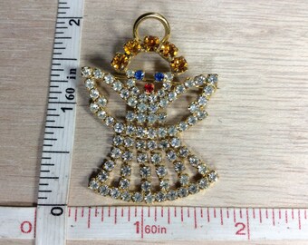 Vintage Gold Toned Rhinestone Angel Pin Brooch Used