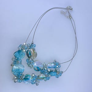 Vintage 16”-19” Necklace 2 Strands Wire With Shell And Beads Blue Silver Toned Used