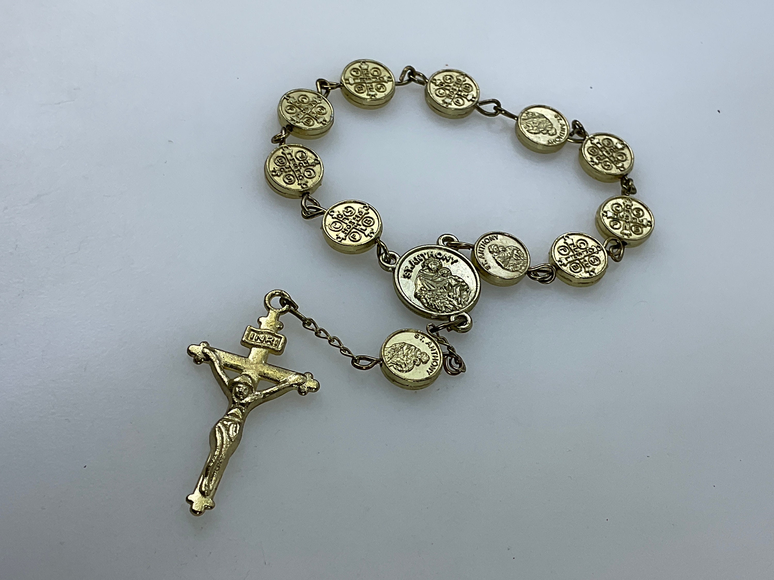 Vintage 6” Rosary Bracelet Gold Toned With St Anthony Coin Beads