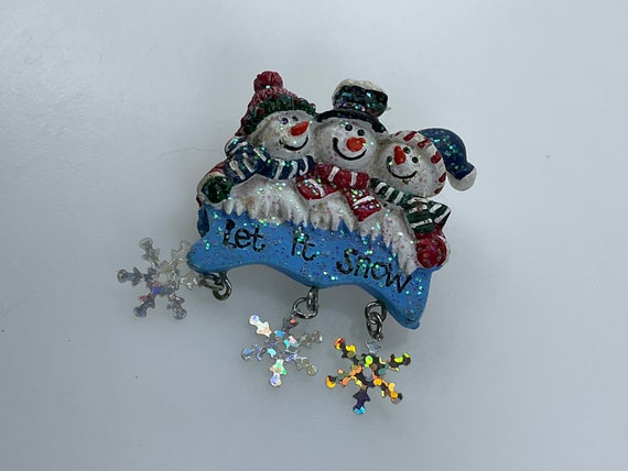 Vintage Pin Brooch Snowmen With Snowflakes Let it… - image 1