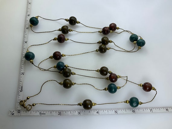 Vintage 60” Necklace Gold Toned With Brown Green … - image 2