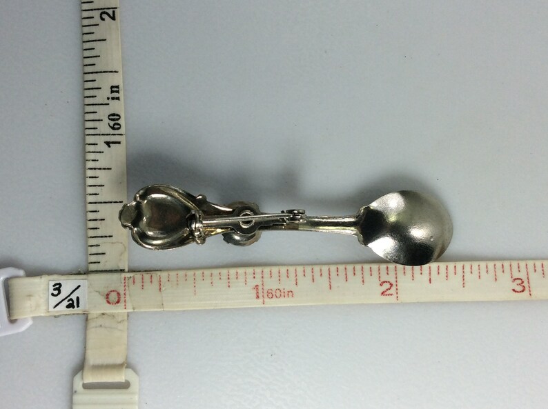 Vintage Pin Brooch Silver Toned Spoon With Heart Flower And Blue Rhinestone Used