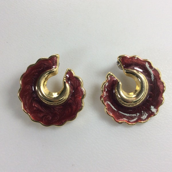 Vintage Post Earrings Gold Toned Circular Design With Burgundy Swirl Enamel Used