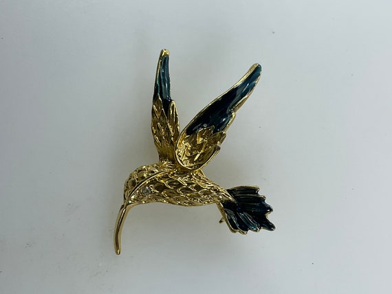 Vintage Pin Brooch Gold Toned Hummingbird With Cl… - image 1