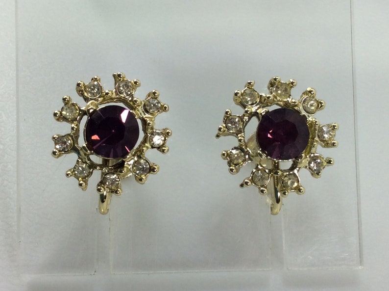 Vintage Screw Back Earrings Gold Toned Round With Purple And Clear Rhinestones Used