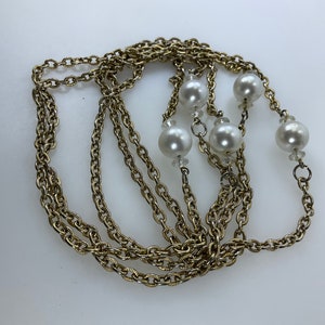 Vintage 54” Necklace Gold Toned Chain With Clear And White Pearly Beads Used