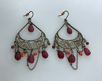 Vintage Dangle Earrings Gold Toned Teardrop With Pink And Orange Beads Used