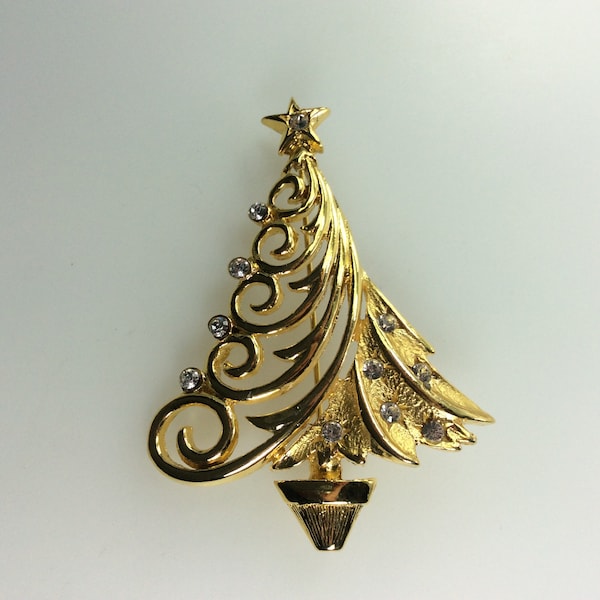 Vintage JJ Pin Brooch Gold Toned Christmas Tree With Clear Rhinestones Used