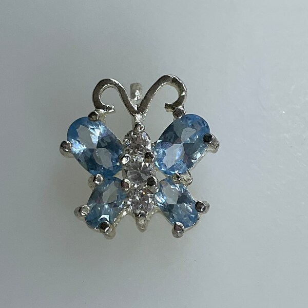 Vintage Pendant Sterling Silver 925 Butterfly With Blue Topaz And Clear stone Used