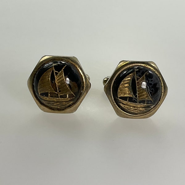 Vintage Cuff Links Gold Toned Hexagon With Sailboat Black Background Used