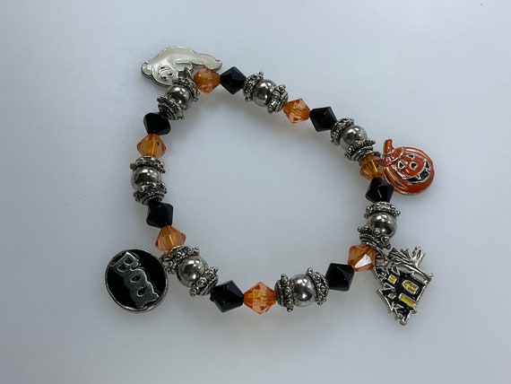 Vintage 7” Bracelet Stretchy Halloween Themed Wit… - image 1