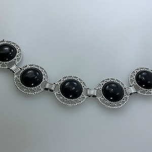 Vintage Sarah Coventry 7.75” Bracelet Silver Toned Rounds With Black Stones Used