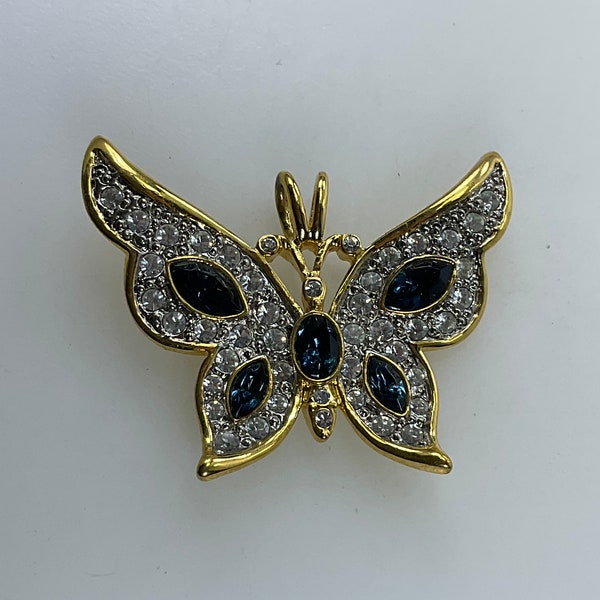 Vintage PS Co Pendant Gold Toned Butterfly With Clear And Blue Rhinestones 1999 Used