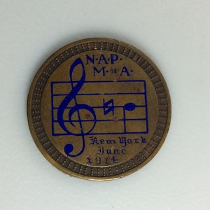 Vintage Medallion Brass Round N-A-P-M-Of A Aem York June 1914 Blue Enamel Used