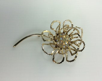 Vintage Sarah Coventry Pin Brooch Gold Toned Flower Design With AB Clear Rhinestones Used