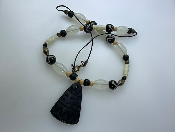 Vintage 26” Necklace With Black White Milky Brass… - image 1