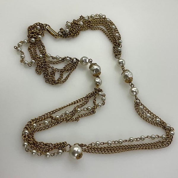 Vintage 24” Necklace Gold Toned Chains With Silver-White Faux Pearl Beads Used