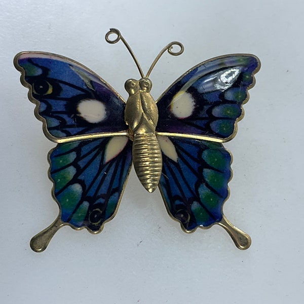 Vintage Pin Brooch Gold Toned Butterfly Blue Green White Used