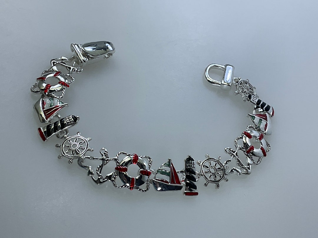 Bracelet Vintage Charms Bateaux - Argent Sterling 925 - France - Bon État