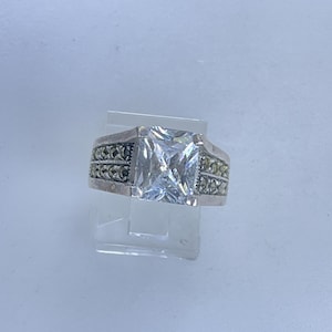 Vintage Ring Size 7 Sterling Silver 925 With Square Clear Stone And Marcasites Used