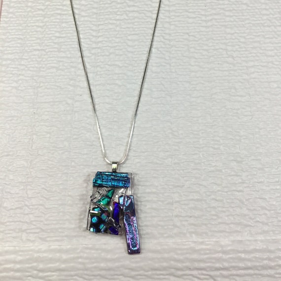 Silver Toned Necklace With Clear Iridescent Blue … - image 1